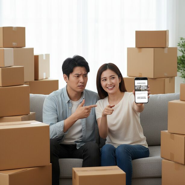 引っ越し荷物の一時保管に悩む夫婦が、格安トランクルームの比較サイトを見て最適な選び方を探している。キャンペーンを活用し、新生活の荷物預かり問題を賢く解決するヒント。