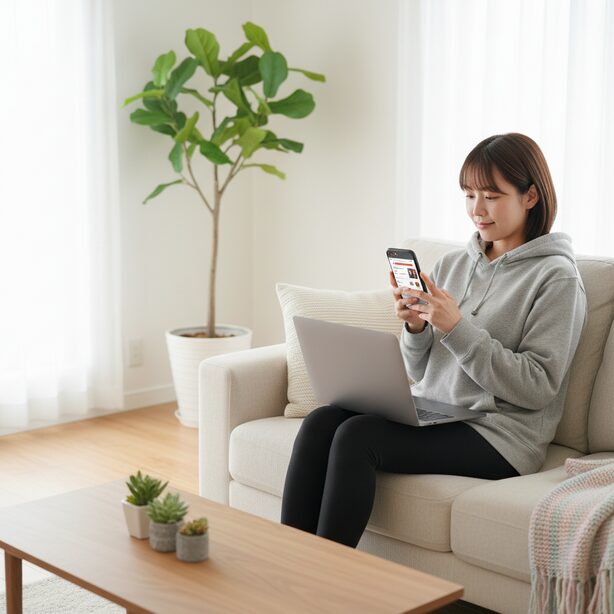 引っ越し先で荷物の一時保管サービスを利用し、ゆったりと荷解きを進める男性。トランクルームに家財を預けることで、スケジュールに余裕が生まれ、新生活のストレスを軽減している様子。