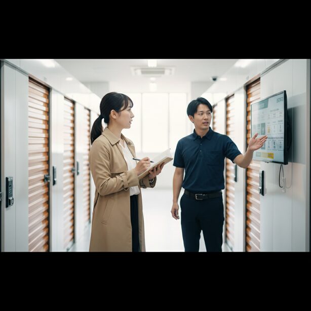 失敗しないトランクルームの選び方として、女性が現地見学でスタッフに熱心に質問。料金体系やセキュリティ、空調設備などを直接比較し、自分の荷物に最適な保管環境か確認している。