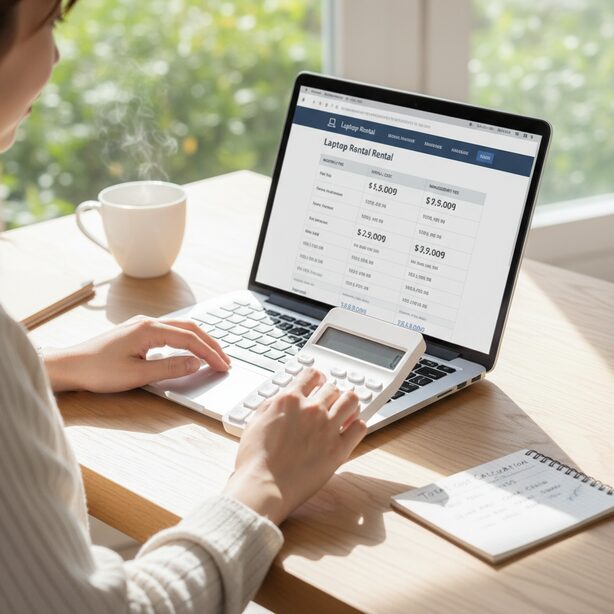 トランクルームの契約前に、料金の費用相場を入念にチェックする手元。パソコンと電卓を使い、月額利用料や初期費用、キャンペーン割引を比較して、総額で最もお得なプランを探している。