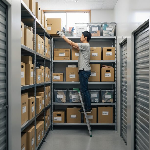 トランクルームの適切なサイズ選びと収納のコツ。棚を活用して高さを有効に使い、荷物を整理整頓する男性。限られた広さを最大限に活用し、出し入れしやすいスペースを確保している。