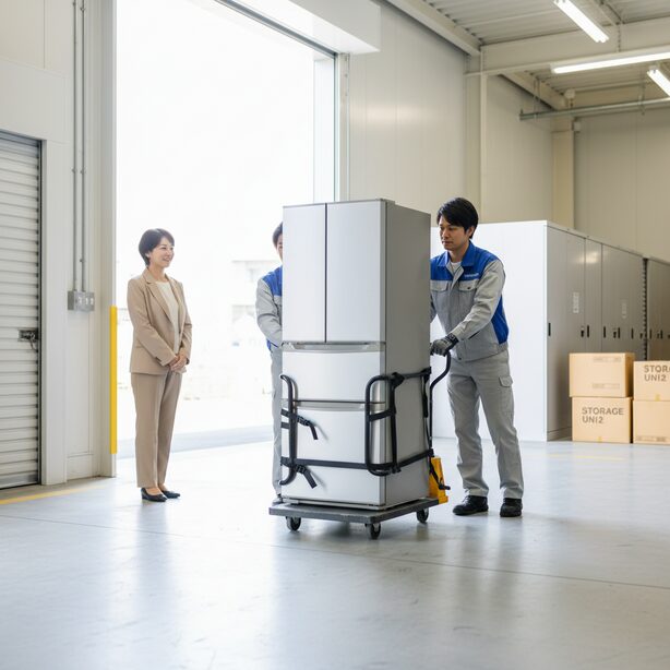 トランクルームの便利な運送サービスを利用し、大型家財をスムーズに搬入する様子。引っ越し業者と連携したプランで、手間のかかる荷物運搬もプロに任せて楽々解決できる。