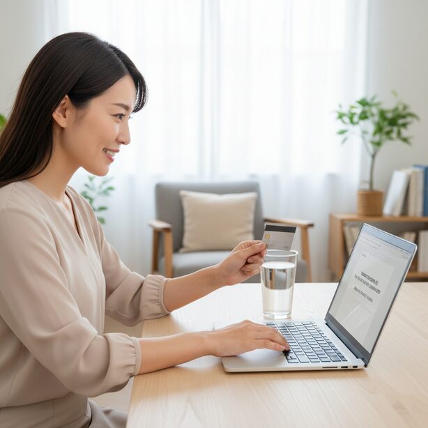 トランクルームの申し込みから利用開始までの手続きの流れ。Webサイトで本人確認書類をアップロードし、オンラインで契約を完結させる女性。店舗に行かずに済む手軽さを表現。