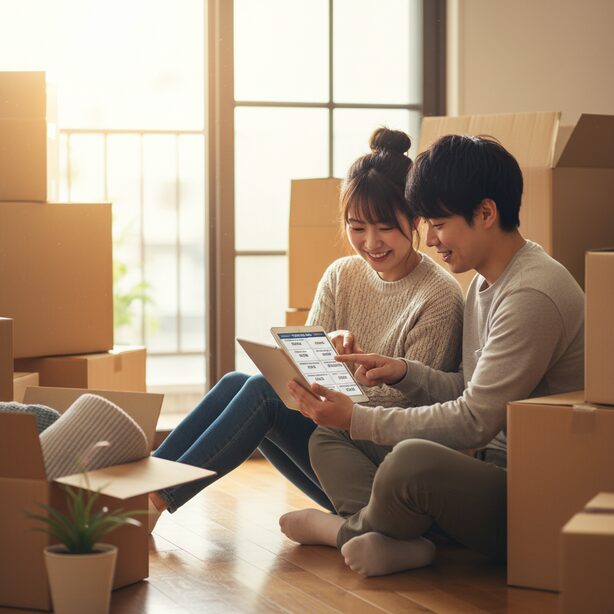 引っ越し時の荷物預かりサービスの料金相場をタブレットで比較検討する若い夫婦。一時保管の選び方を相談しながら、新生活への期待感にあふれる明るいリビングのワンシーン。
