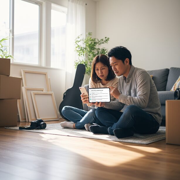 自宅の荷物が増え、トランクルームの利用を検討している夫婦。スペースプラスの評判や料金、口コミについてスマートフォンで真剣に情報収集しており、最適な保管場所を探している様子。