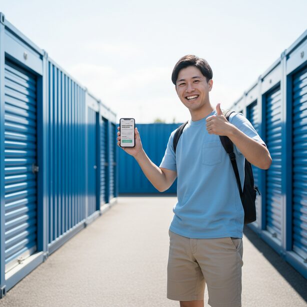 スペースプラスの良い口コミを象徴する、料金の安さと利便性に満足した若い男性。屋外型コンテナの前で、簡単な手続きで契約できた喜びをガッツポーズで表現している。