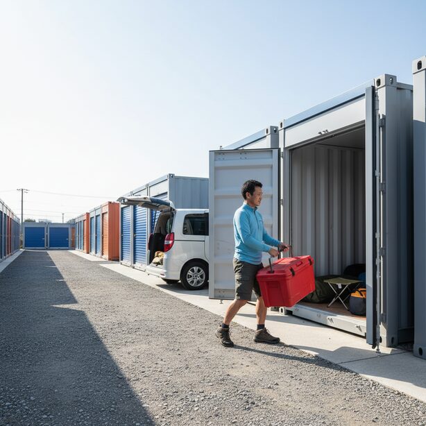 スペースプラス最大のメリットである車横付けの利便性。屋外型コンテナの目の前に車を停め、キャンプ用品などの大型荷物をスムーズに搬入しており、作業が非常に楽な様子。