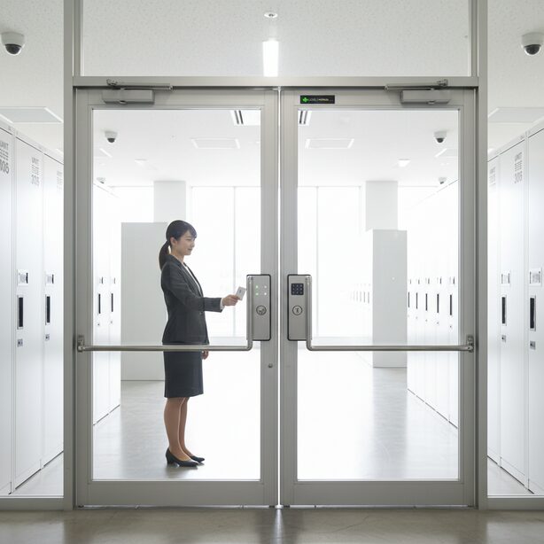 スペースプラス屋内型の高いセキュリティ対策。防犯カメラが設置された綺麗な廊下で、利用者がカードキーでオートロックを開錠しており、安心して荷物を預けられる環境。