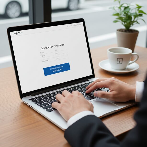 スペースプラスの公式サイトで初期費用と月額料金を調べる様子。パソコンの料金シミュレーション機能を使い、希望するトランクルームの具体的な費用を事前に確認している。