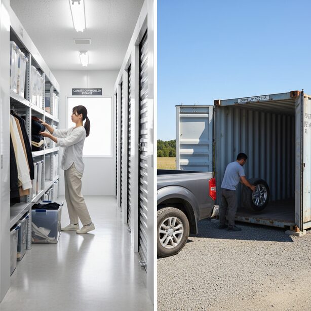 スペースプラスの屋内型と屋外型の違いを比較。湿気に弱い衣類は清潔な屋内型へ、タイヤなどの大型荷物は車で楽々搬入できる屋外型へと、預ける物によって最適なタイプを選ぶ様子。