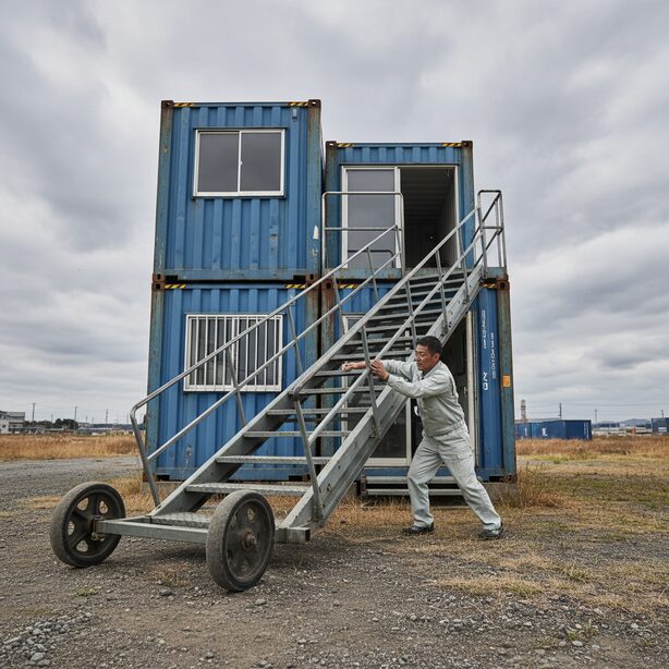 スペースプラス屋外コンテナ2階の注意点。利用者が荷物を出し入れするため、重くて大きい移動式タラップを自力で動かしており、その不便さや労力をリアルに示している。