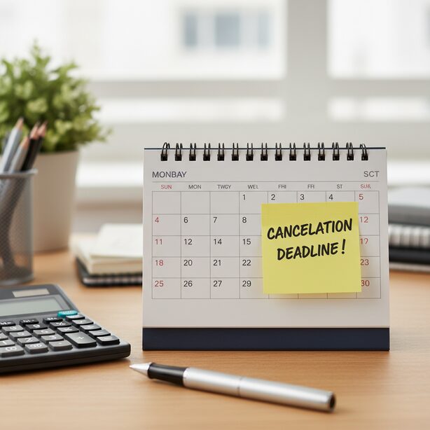 スペースプラスの解約方法と注意点。トラブルを避けるため、解約申し出の期限日をカレンダーと付箋で管理し、解約料や更新料についても事前にしっかり把握している計画的な様子。