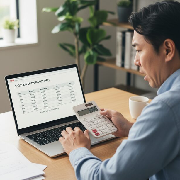 パソコンで宅トラの出庫配送料金を確認し、予想外のコストに少し驚いている男性。月額保管料だけでなく、荷物を取り出す際のトータルコストを慎重に計算する必要があることを示唆している。