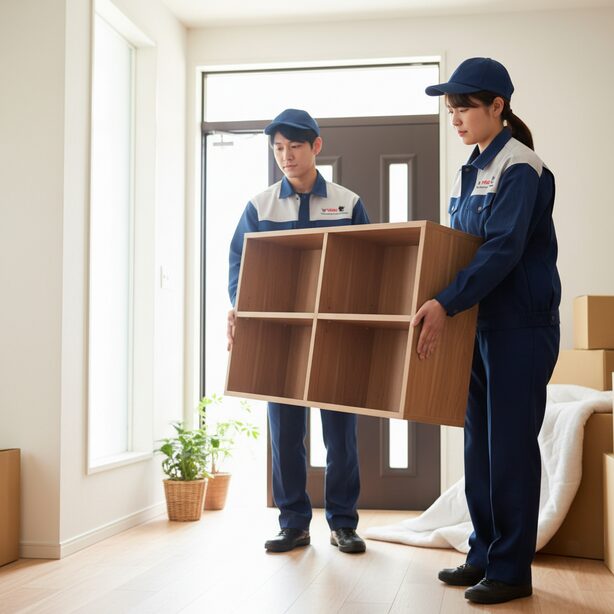 ヤマト運輸のプロのスタッフ2名が連携し、大型家具である本棚を丁寧に運び出している。集荷から配送まで一貫体制で行う宅トラの、絶大な安心感とプロフェッショナルな対応力を象徴している。