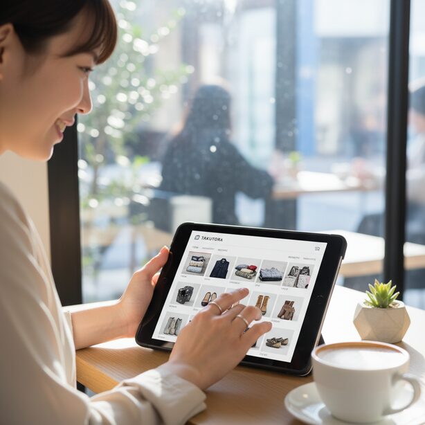 カフェでリラックスしながらタブレットを操作し、宅トラのマイページで写真付きの預け荷物リストを確認している女性。Web上で簡単に荷物を管理し、出庫指示まで完結できる利便性を表現。