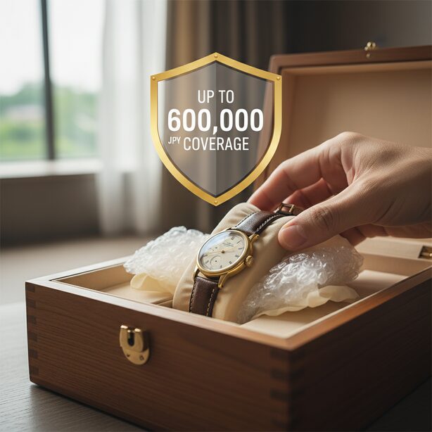 高価なアンティーク腕時計が宅トラのボックスに丁寧に梱包されている。万が一の紛失や破損に備える最大60万円という手厚い補償制度が、高価なコレクションを預ける際の大きな安心材料になる。