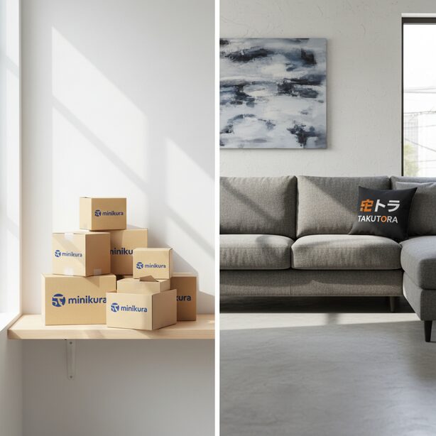 サービスの比較図。左側に他社の得意な小型荷物のダンボール箱、右側に宅トラが得意な大型家具を配置。それぞれの得意分野が違うため、自分の荷物の種類や保管期間に合わせて選ぶことが重要。