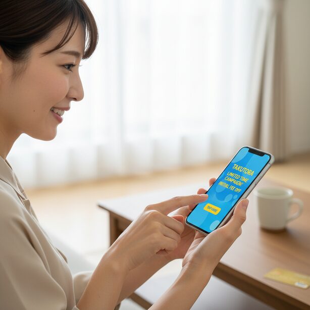 スマートフォンで宅トラの公式サイトをチェックし、お得なキャンペーン情報を見つけてタップしようとしている。初期費用割引などを利用して、賢くサービスを始める様子とクレジットカードでの支払い方法。