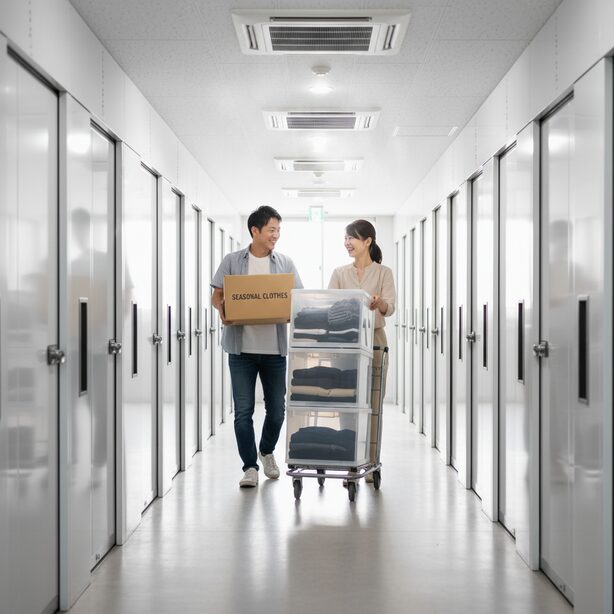 明るく清潔なエアコン付きトランクルームで、若い夫婦が笑顔で荷物を整理している様子。温度・湿度管理が徹底された快適な保管環境で、大切な衣類やコレクションをカビから守り、安心して預けられるメリットを表現。