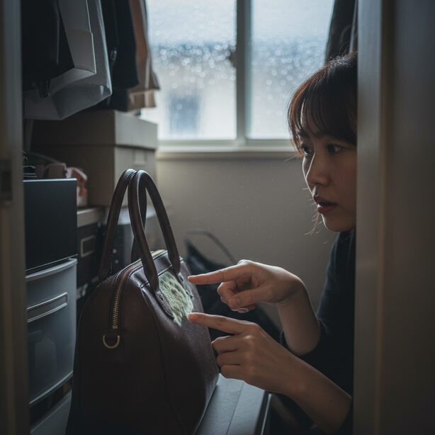 梅雨の時期、自宅のクローゼットで革製品に発生したカビを心配そうに見つめる女性。高温多湿な日本の気候では、エアコン付きトランクルームでの温度・湿度管理が、大切な衣類や荷物を劣化から守るために不可欠である。