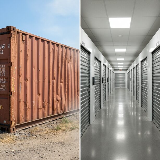 夏の炎天下に置かれた屋外型コンテナと、清潔で明るいエアコン付き屋内型トランクルームの比較。保管環境の違いは一目瞭然で、デリケートな荷物には外気の影響を受けない屋内型の温度・湿度管理が重要となる。