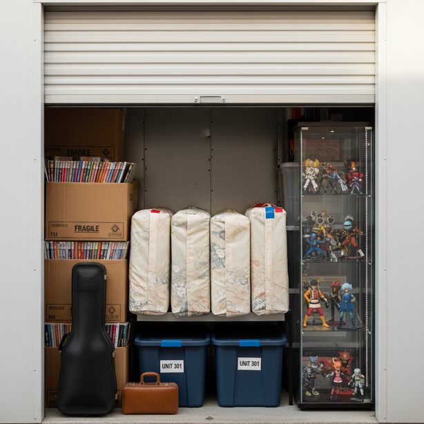 エアコン付きトランクルーム内に保管された、着物やギター、漫画、フィギュアなどのコレクション。温度・湿度にデリケートな衣類や楽器、趣味の品々も、最適な環境で安心して長期保管できることを示している。