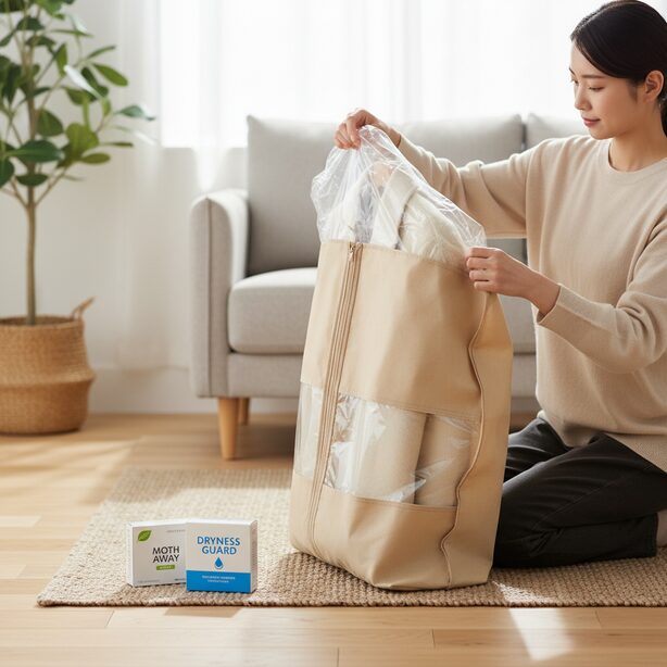 トランクルームに預ける前に、クリーニング済みの衣類を通気性の良い不織布カバーに入れ替える女性の手元。防虫剤や除湿剤を活用する保管のコツは、エアコン付き施設の環境と合わせて、カビ対策を万全にするために重要。