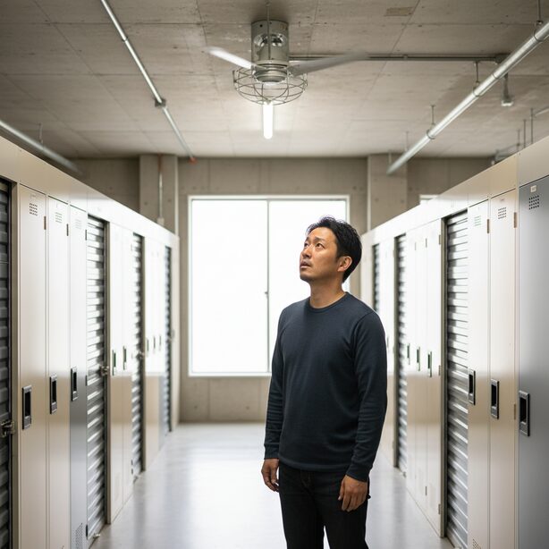 トランクルームを見学中に、天井の設備がエアコンではなく換気扇であることに気づいた男性。「空調完備」という表記でも厳密な温度管理ができない場合があるため、冷暖房機能の有無を自分の目で確認することの重要性。