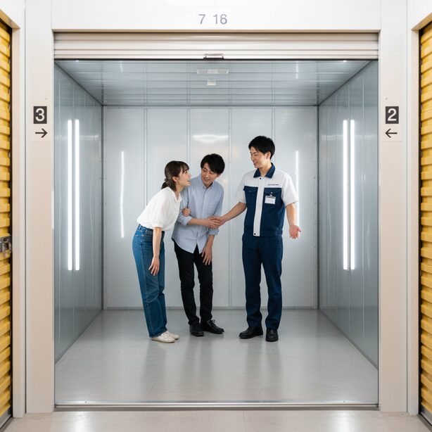 トランクルームのスタッフから説明を受けながら、契約前に施設を見学する夫婦。写真だけではわからない実際の清潔さや搬入経路、空調設備の稼働状況などを自分の目で確認することは、後悔しない選び方のために必須である。