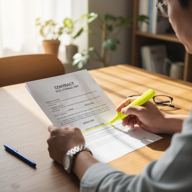 自宅でトランクルームの利用契約書を確認する男性。契約前には、最低利用期間や解約予告期間、保険・補償内容といった注意点をしっかり確認し、利用規約を熟読することがトラブルを避けるために不可欠である。