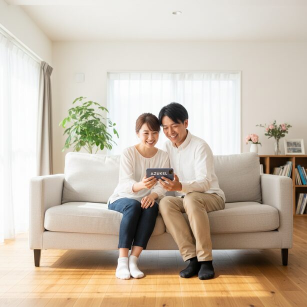 宅配型トランクルームAZUKEL（アズケル）の評判を解説。スマホで荷物を手軽に管理し、収納の悩みを解決してスッキリと片付いた部屋で快適な暮らしを送る夫婦。