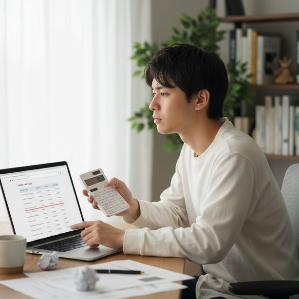 AZUKELの評判にある「短期利用は高い」という料金のデメリット。パソコンと電卓で実際の費用を計算し、割高になる可能性に悩む男性の様子。