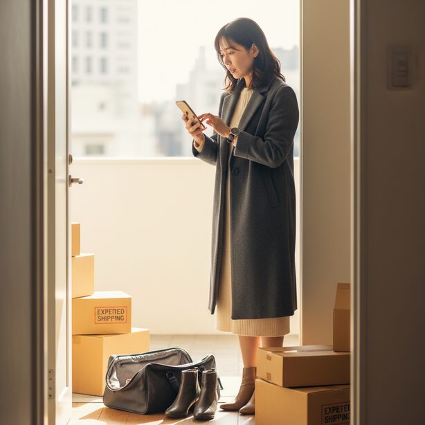 AZUKELの評判にある荷物の取り出しに時間がかかるデメリット。急いでいるのに荷物がすぐ届かず、玄関先で腕時計とスマホを見て焦る女性。