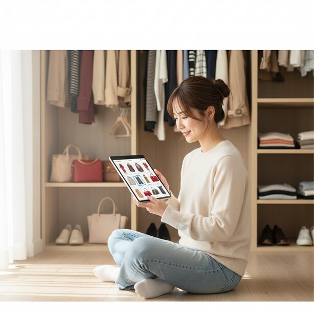 AZUKELの評判の良い点である、スマホ一つで完結する手軽さ。預けた荷物を写真で一覧管理できるアプリを使い、クローゼットを整理する女性。