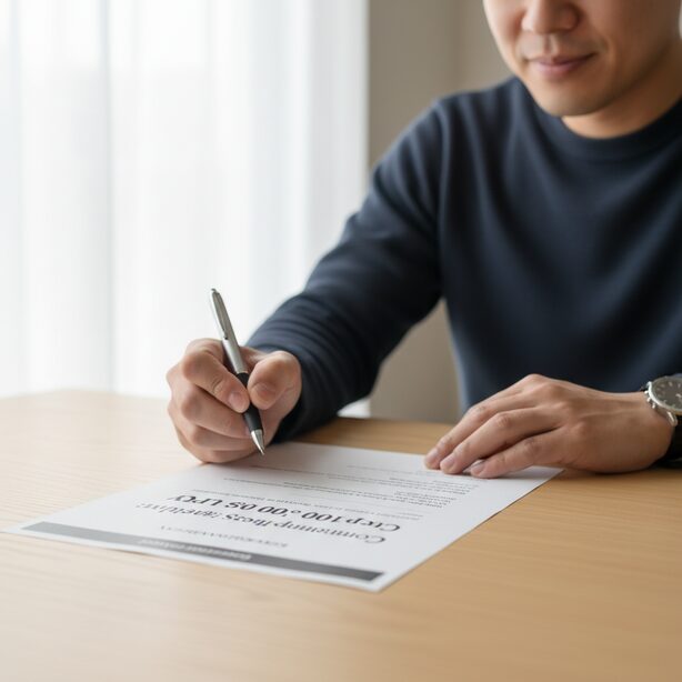 AZUKELの評判の良さにつながる充実の補償制度。万が一の時も最大10万円まで補償されるという安心感から、利用者が契約書にサインをするシーン。