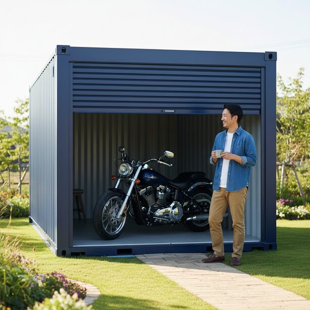 ハレコンテナの口コミを参考に設置したおしゃれなバイクガレージ。青空の下、カスタムされたコンテナ倉庫の前で満足そうに佇む男性と愛車が、理想の趣味空間の実現を表現している。