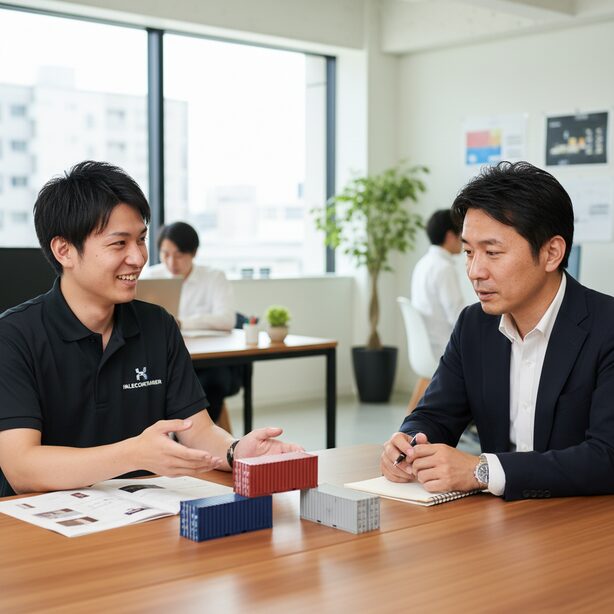 ハレコンテナの評判通り、丁寧なスタッフが顧客の質問に答えている。価格や注意点について透明性の高い説明を受け、安心してコンテナ購入の相談ができる様子を表現。