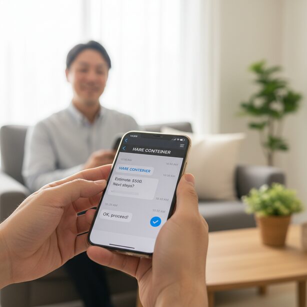 ハレコンテナの迅速な対応を評価する口コミ通り、スマホで見積もりを確認し納得する男性。価格の透明性が高く、問い合わせから購入までスムーズに進むことへの安心感を表現。