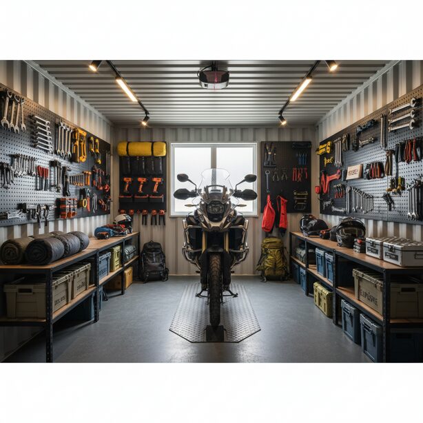 ハレコンテナで実現したバイクガレージ内部。工具やキャンプ用品が整理された趣味の空間で、頑丈なコンテナ倉庫が大切な愛車を盗難や雨風から守る高い実用性を持つ。