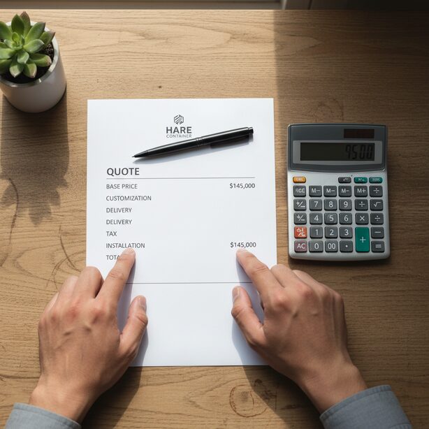 ハレコンテナの料金体系が分かる見積書と電卓。コンテナ本体価格だけでなく、カスタムや配送設置費を含めた総費用を確認し、予算計画を立てる重要性を示している。