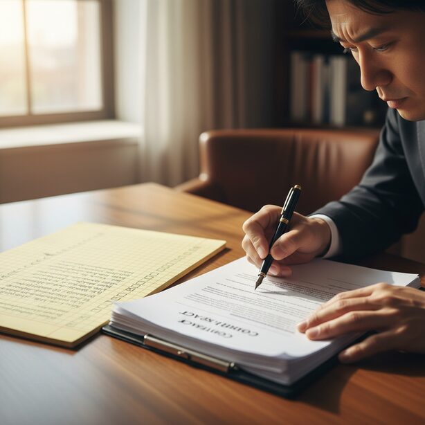 コンテナ購入で失敗しないため、契約前に必須チェックリストを最終確認する男性。ハレコンテナとの契約書にサインする前に、慎重に項目を確かめる重要性を表している。