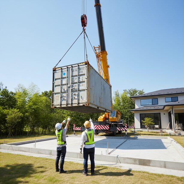 注文したコンテナがクレーンで設置される納品日の様子。納期通りに作業が進み、アフターサービスを受ける前の期待に満ちた瞬間。ハレコンテナの全国対応力がわかる。