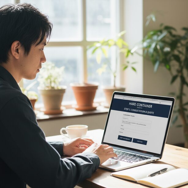 ハレコンテナの利用フローの第一歩として、公式サイトから見積もり依頼を行う男性。バイクガレージの希望など、確認すべき点をまとめて問い合わせる、購入プロセスの始まり。