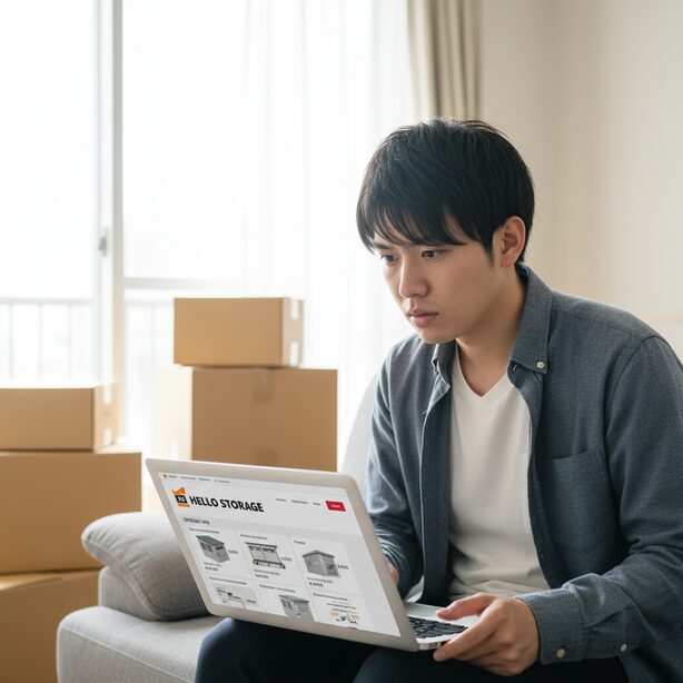 引越し準備中の部屋で、若い男性がハローストレージの評判をノートパソコンで検索している。料金やカビの口コミに少し不安な表情を浮かべながら、トランクルームの賢い選び方を真剣に調べている様子。