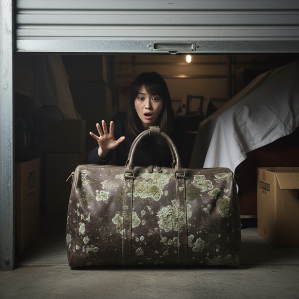 トランクルームに保管していた革のバッグにカビが生えているのを発見し、愕然とする女性の手元。ハローストレージの湿気対策の重要性を示唆しており、空調設備がない場合の評判の悪さがうかがえる。
