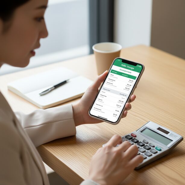 スマートフォンでハローストレージの初期費用を確認し、電卓で計算する女性の手元。月額料金以外に管理費や事務手数料がかかるため、総額が高くなるという評判について真剣に検討している状況。