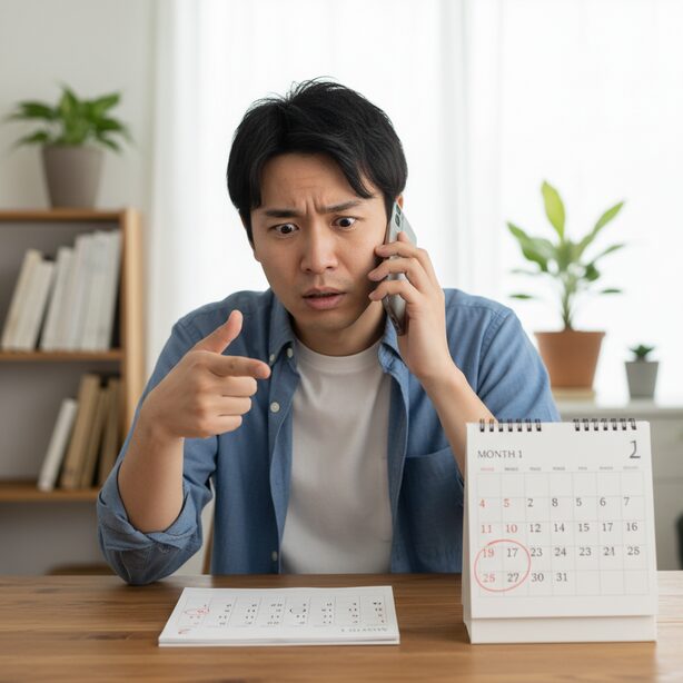 ハローストレージの解約を電話で申し出ているが、翌月末解約というルールを知りカレンダーを見ながら困惑する男性。使わない月も料金が発生するという評判の悪い点に、計画的な手続きが必要なことを示唆。