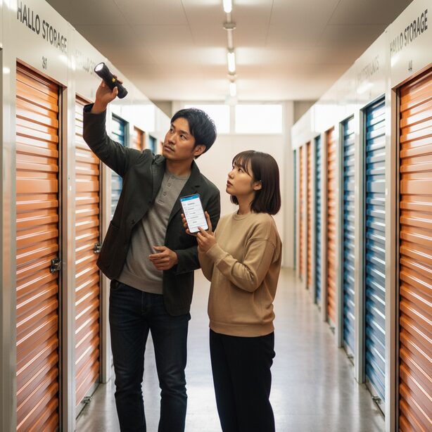 ハローストレージの屋内型トランクルームを内見し、清掃状況や設備を細かくチェックするカップル。物件によって管理状態にムラがあるという評判があるため、契約前に現地見学で確認することの重要性を示している。