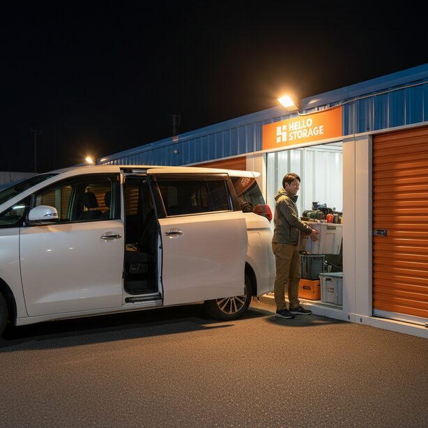 夜間にハローストレージの屋外コンテナへ車を横付けし、重いキャンプ道具をスムーズに運び込む男性。24時間利用可能で搬入が楽という利便性の高さは、多くの利用者からの良い評判につながっている。