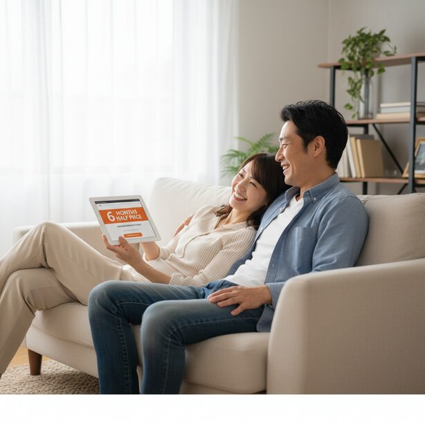 長期利用を計画している夫婦が、ハローストレージの「6ヶ月半額キャンペーン」をタブレットで見つけて喜んでいる。解約の注意点を理解すれば、料金を大幅に抑えられるという魅力的な評判を表現。